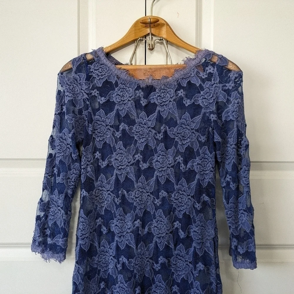 Rebecca Taylor Dress Women's 4 Blue Lace Semi Sheer Long Sleeve Zip Back - Picture 3 of 6
